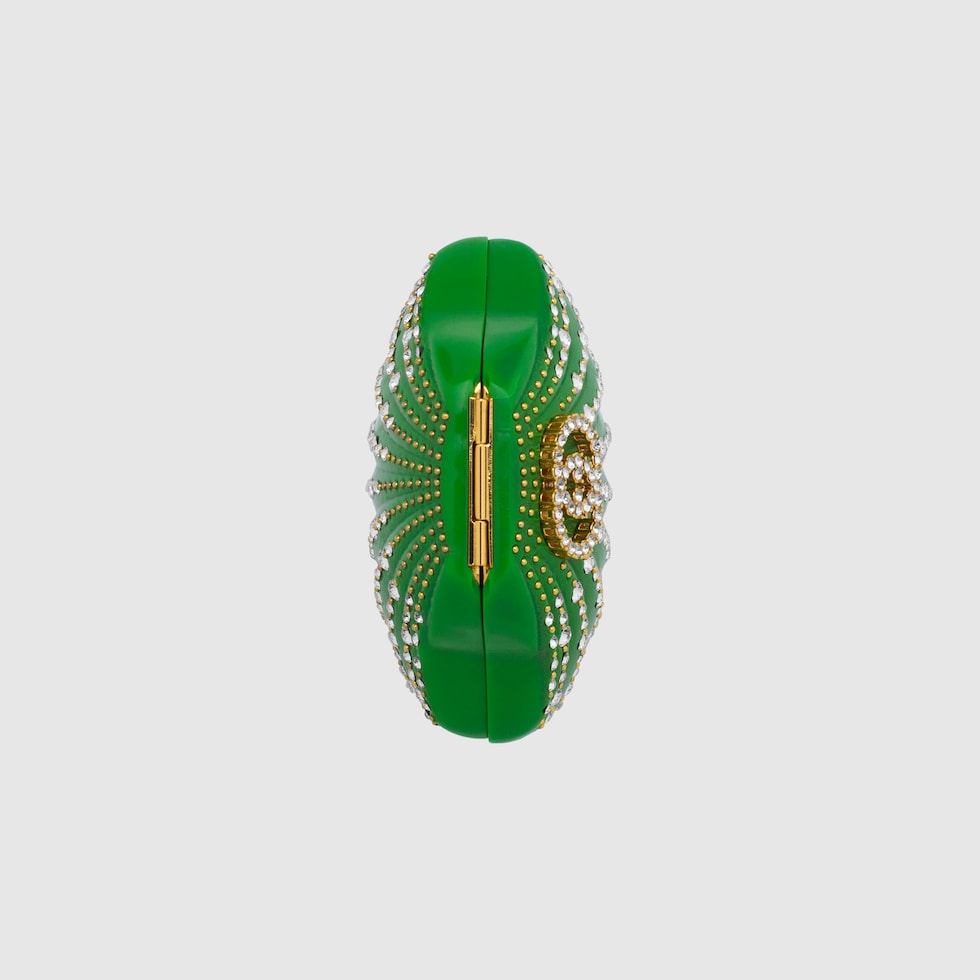 すぐ届く！GUCCI クリスタル付 シェル型 MINAUDIERE Shell-shaped minaudière with crystals in green resin | GUCCI® SG