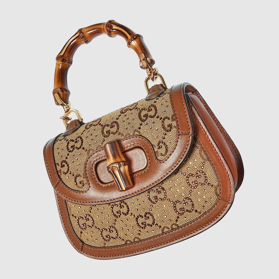 Gucci Bamboo 1947 crystals mini bag in beige and dark brown