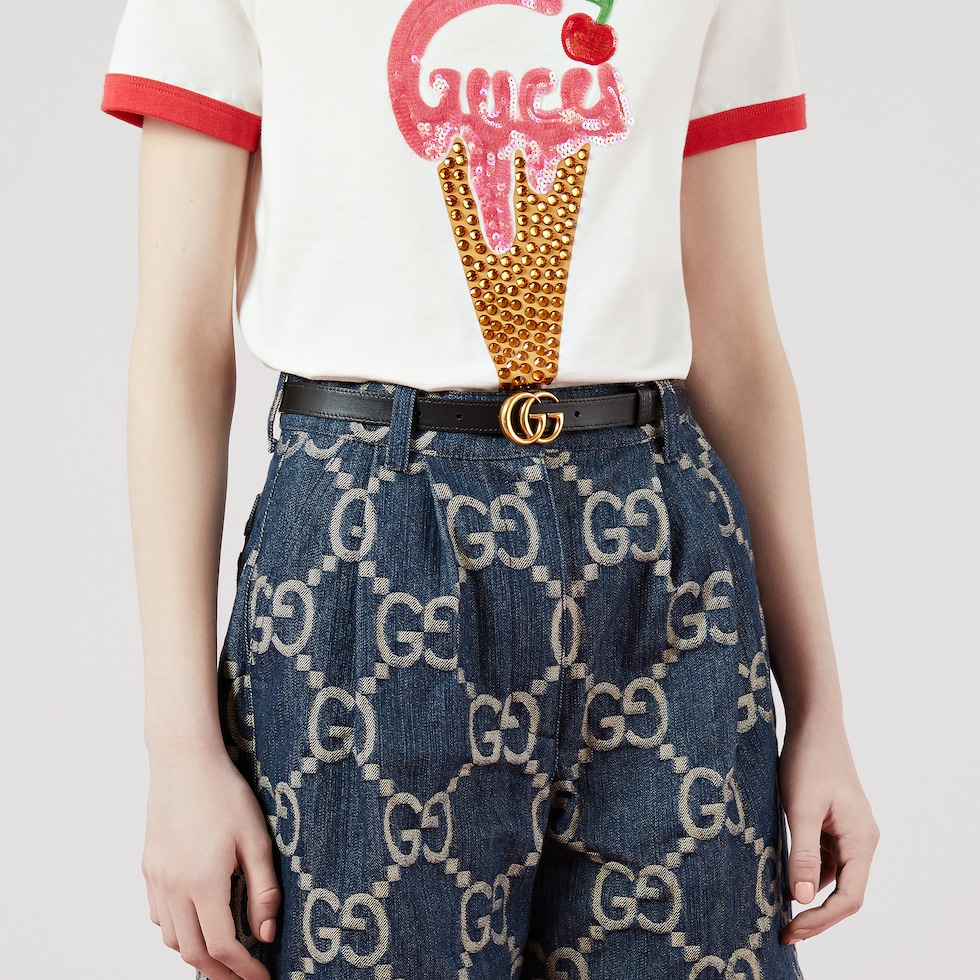 25新作 GUCCI GG MARMONT REVERSIBLE THIN BELT 細ベルト GG Marmont reversible thin belt in white leather | GUCCI® US