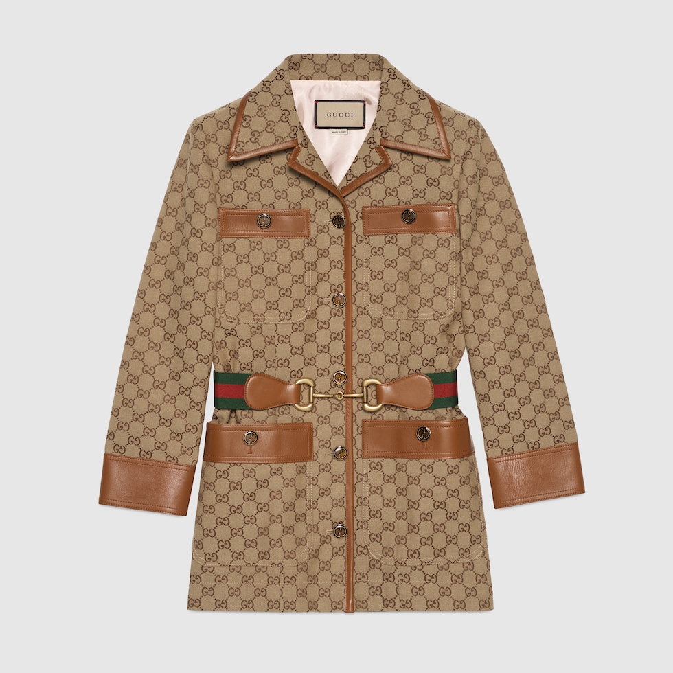 スーツ GUCCI Women Jackets 754866ZANGH 2498 BROWN GG canvas jacket with Web belt in camel and ebony | GUCCI® CA