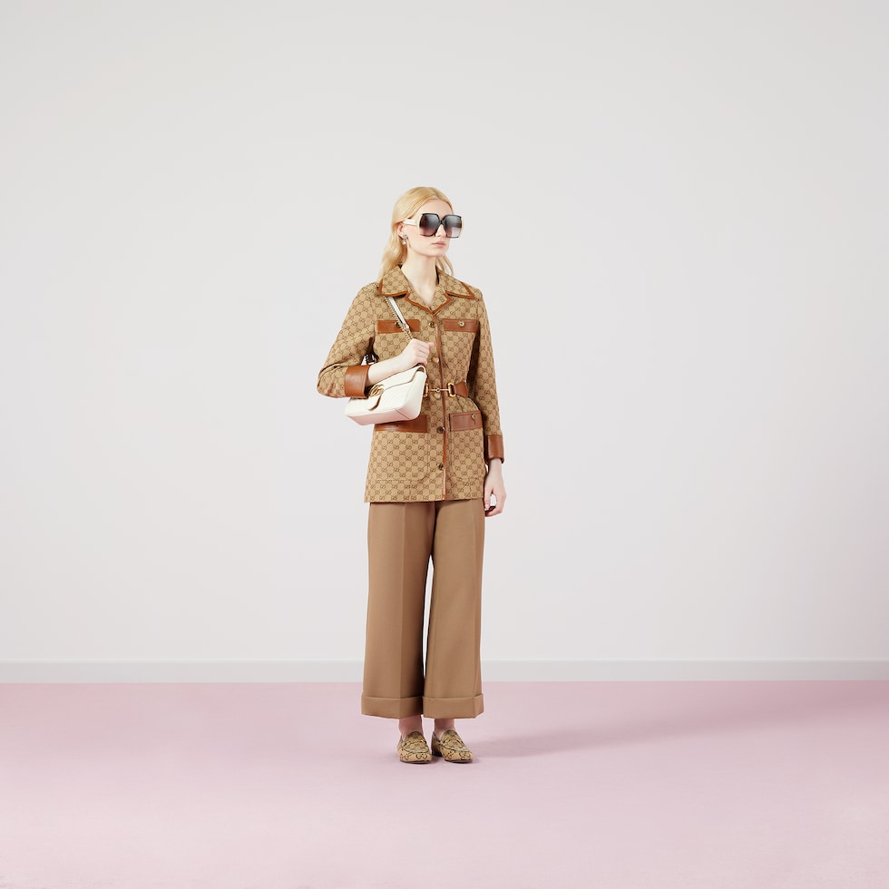 スーツ GUCCI Women Jackets 754866ZANGH 2498 BROWN GG canvas jacket with Web belt in camel and ebony | GUCCI® CA