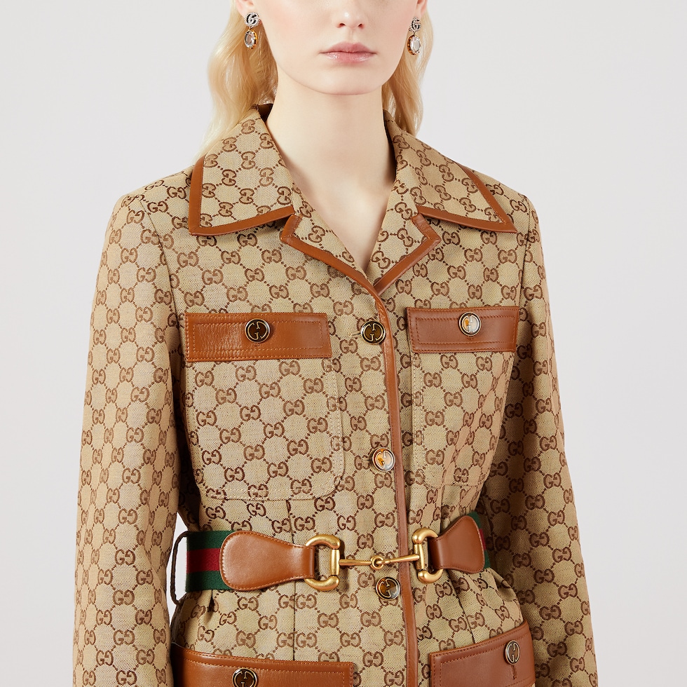 スーツ GUCCI Women Jackets 754866ZANGH 2498 BROWN GG canvas jacket with Web belt in camel and ebony | GUCCI® CA