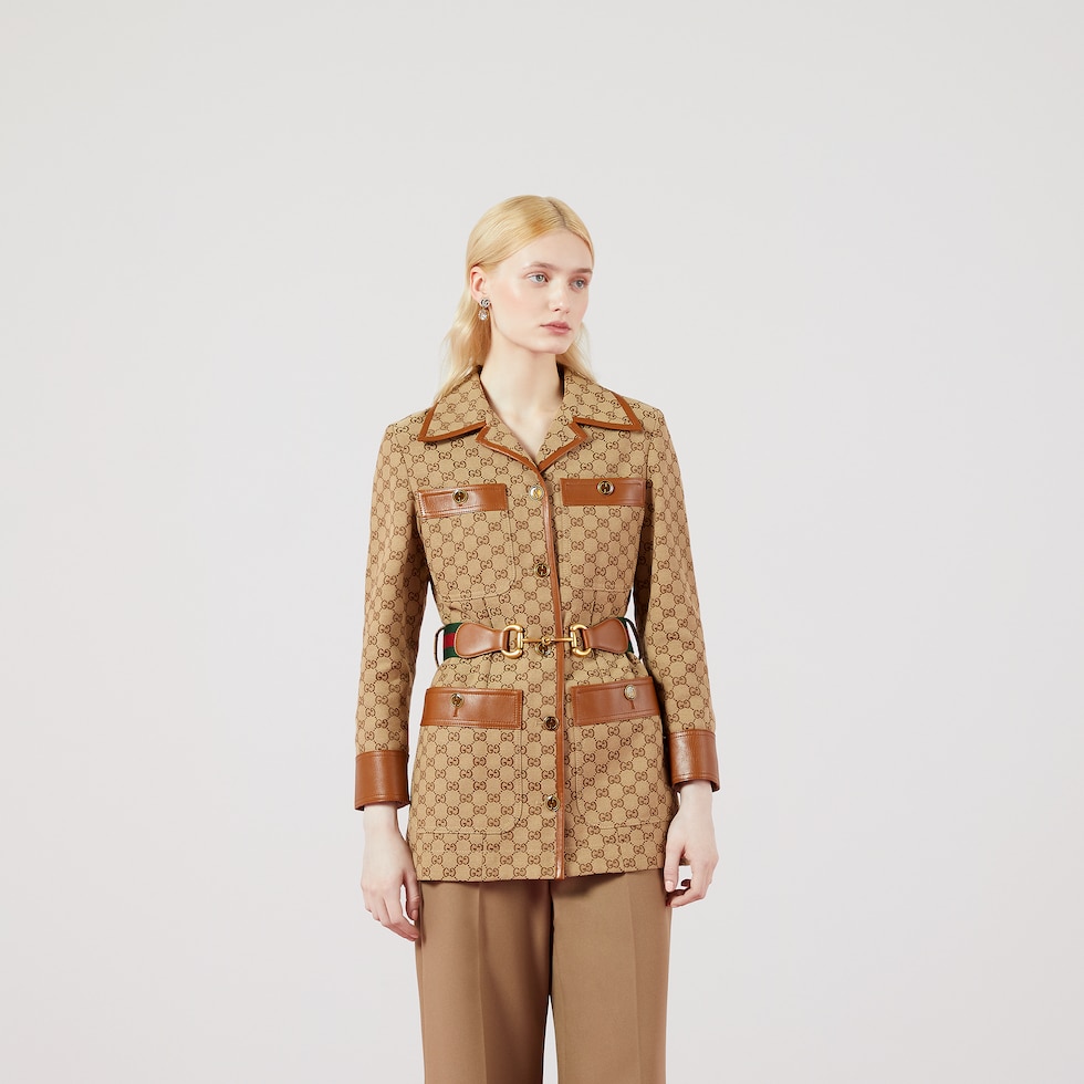 スーツ GUCCI Women Jackets 754866ZANGH 2498 BROWN GG canvas jacket with Web belt in camel and ebony | GUCCI® CA