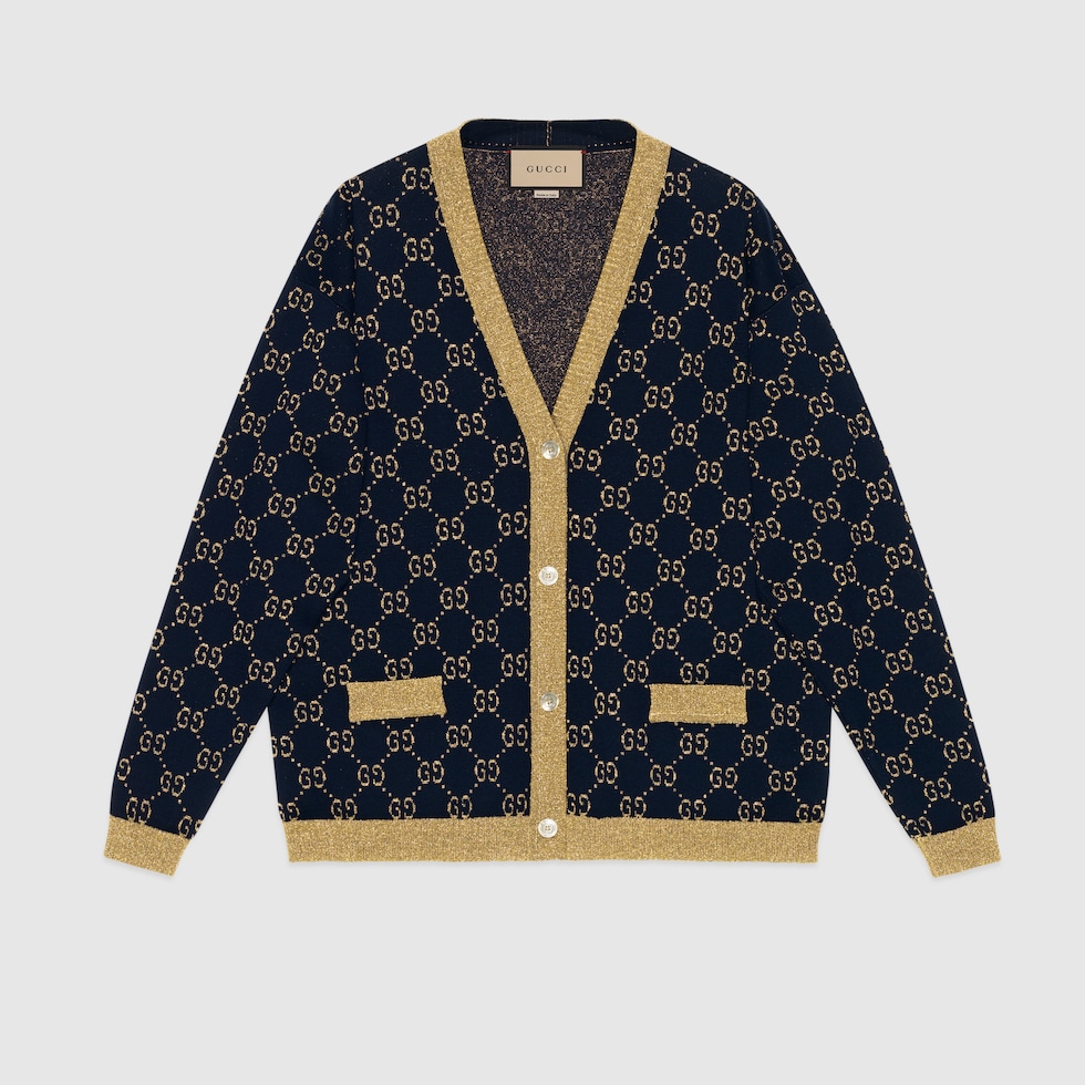 GG cotton lamé cardigan in blue/gold cotton lamé | GUCCI® US