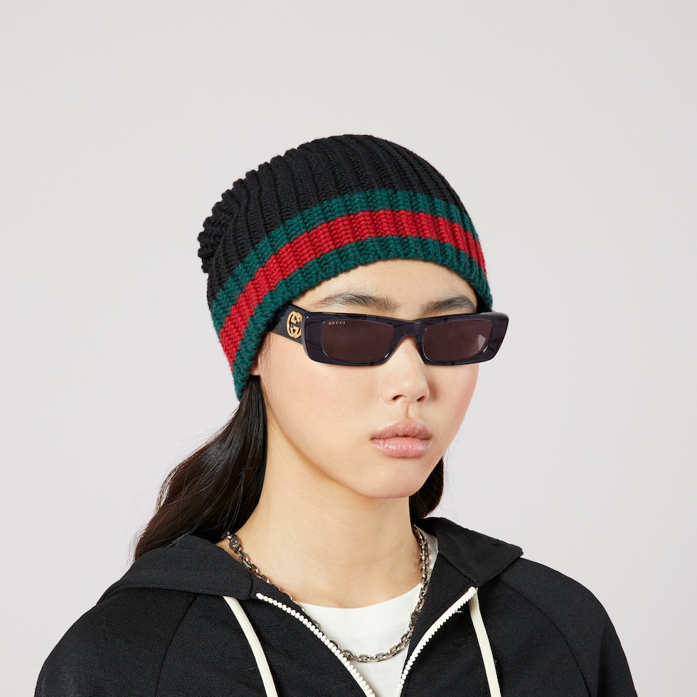 Black Wool Hat With Green & Red  GUCCI® UK