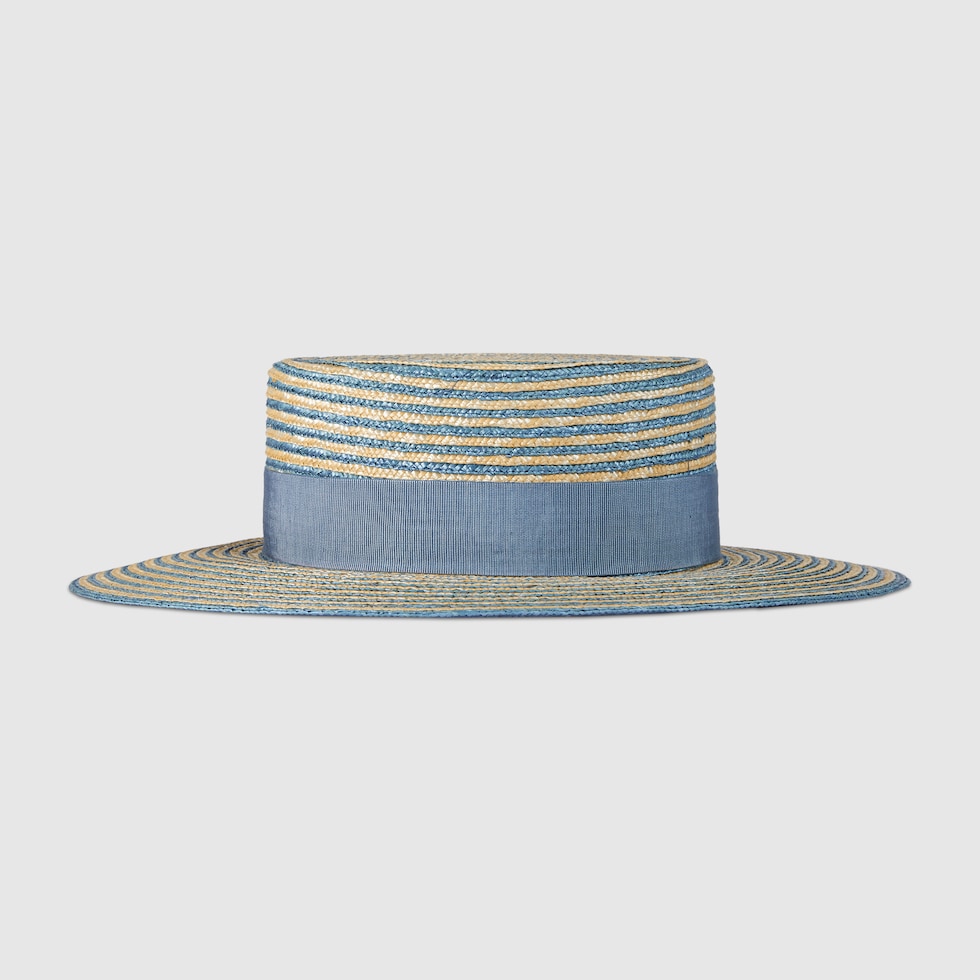 Striped raffia wide-brimmed hat in beige and light blue | GUCCI® UK