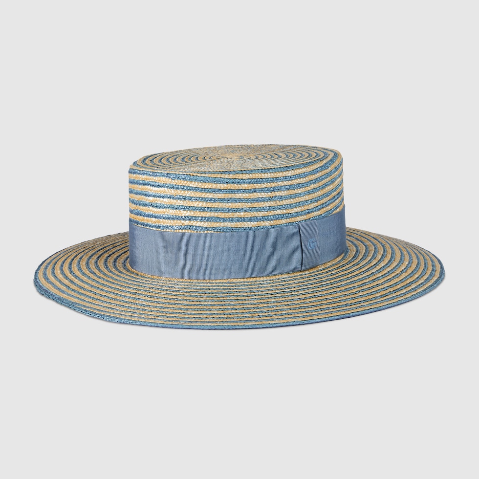 Striped raffia wide-brimmed hat in beige and light blue | GUCCI® UK