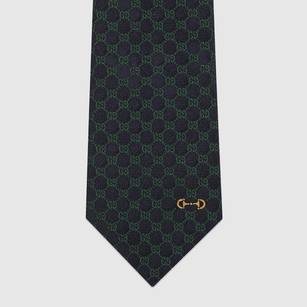 GG silk jacquard tie in dark blue and green | GUCCI® US