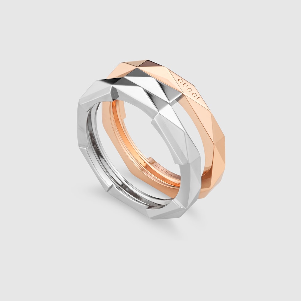 Gucci Link to Love geometric studded double ring in 18k rose and 