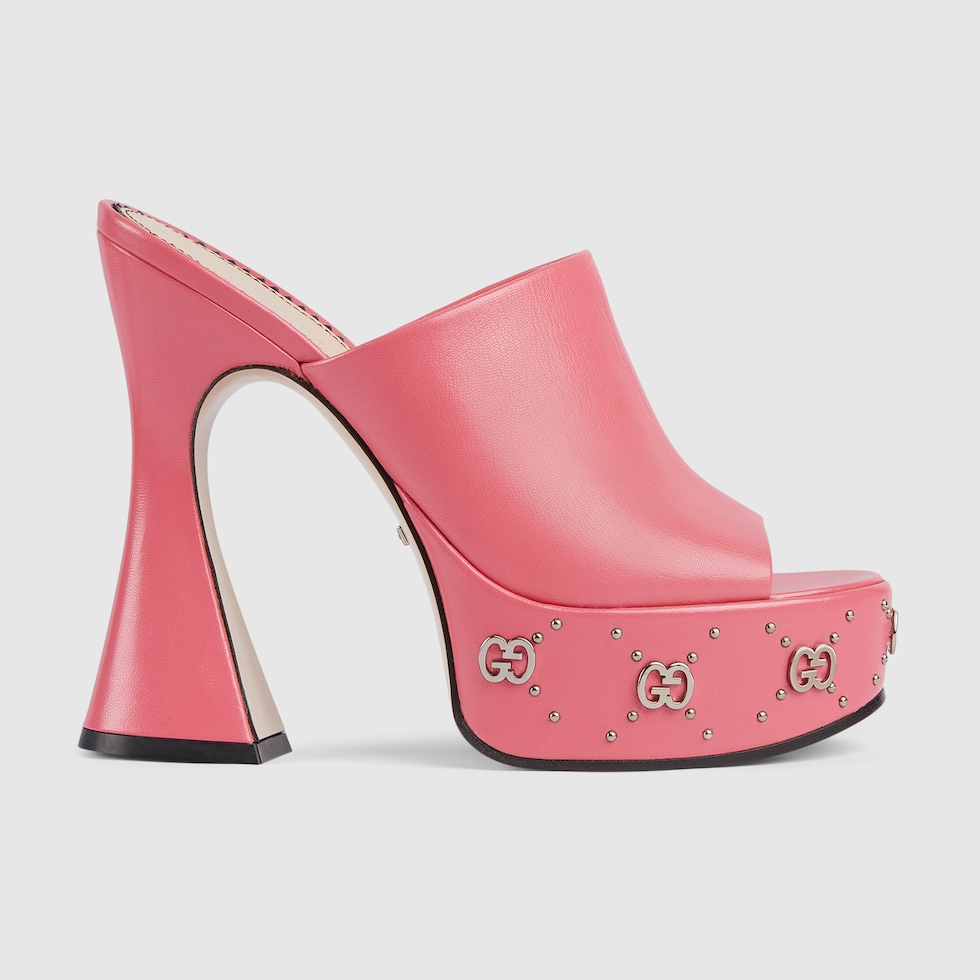 Women's platform slide sandal in pink leather | GUCCI® SG