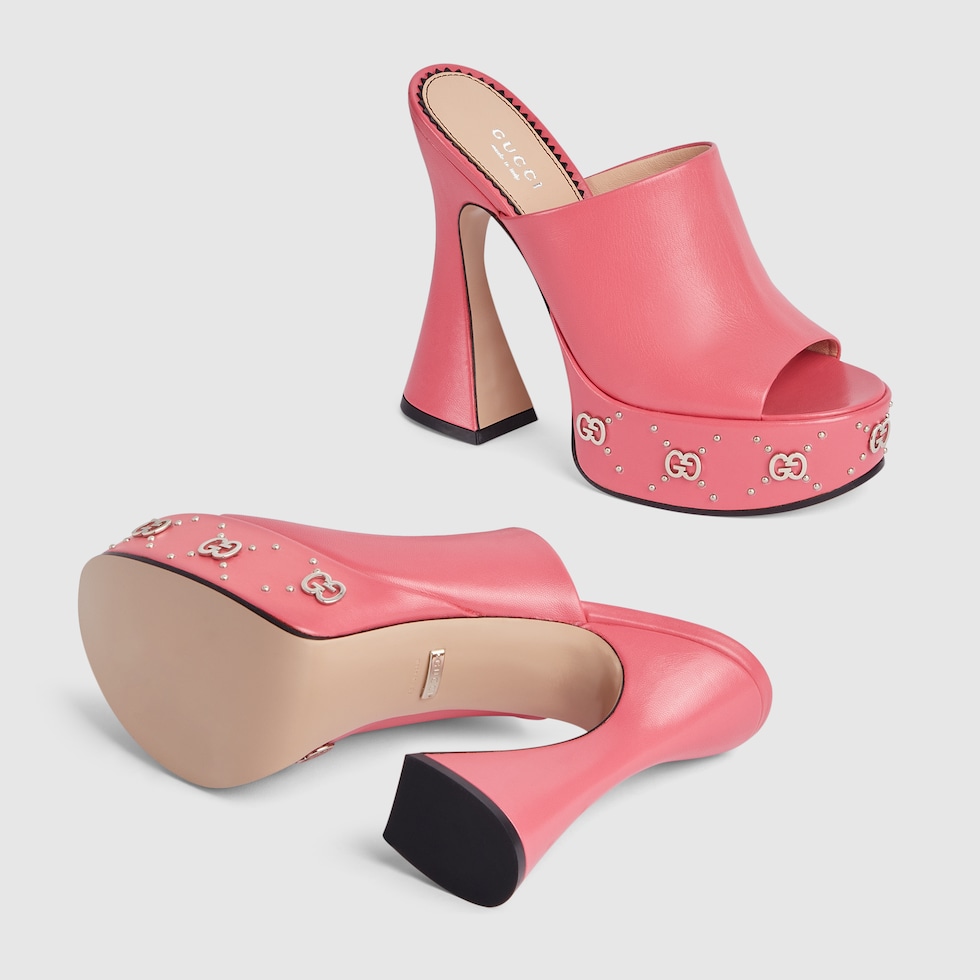 Women's platform slide sandal in pink leather | GUCCI® SG