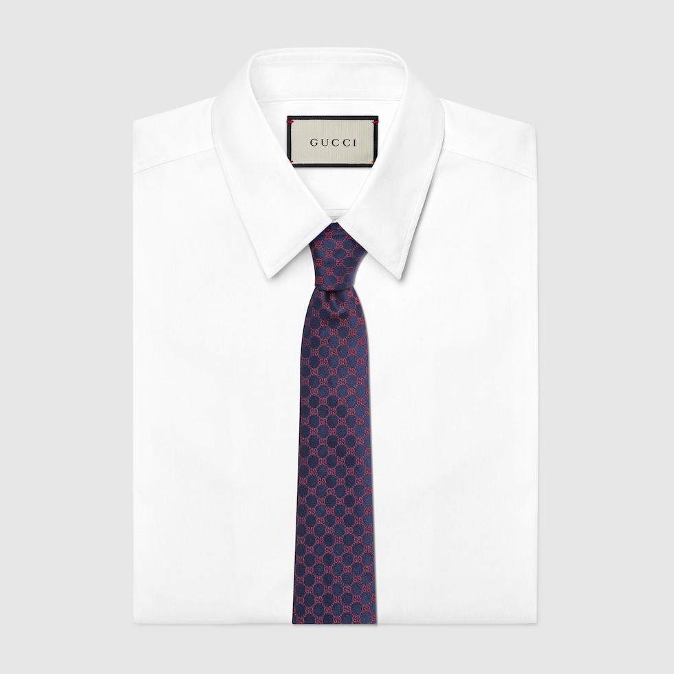 GG silk jacquard tie in dark blue and red | GUCCI® US