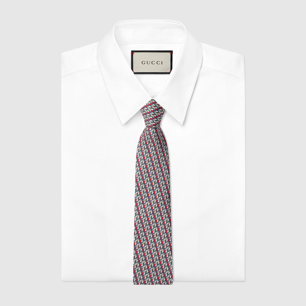 Gucci Valigeria print silk tie in blue navy and red | GUCCI® SG