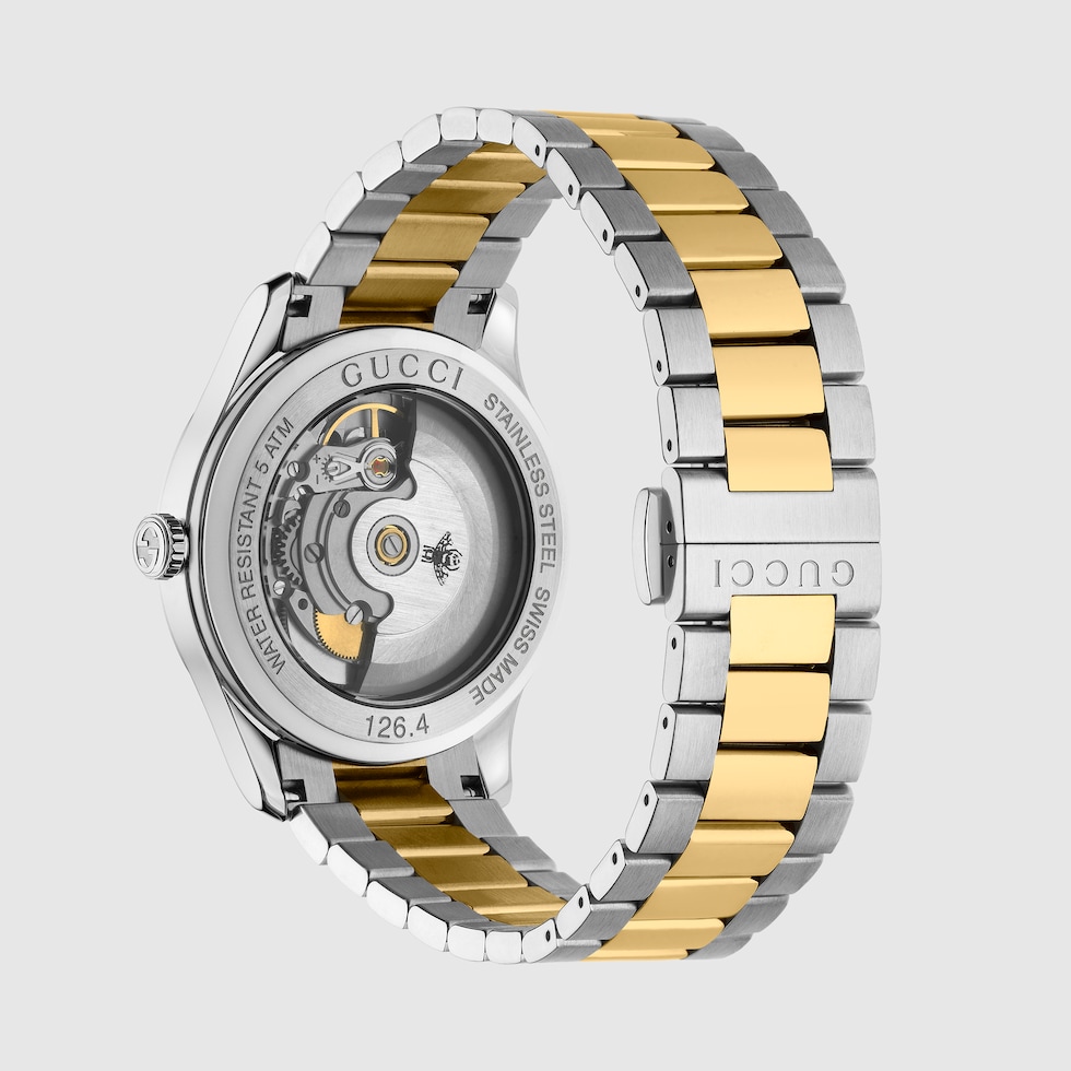 G-Timeless watch with bees, 38 mm in steel and yellow gold PVD 