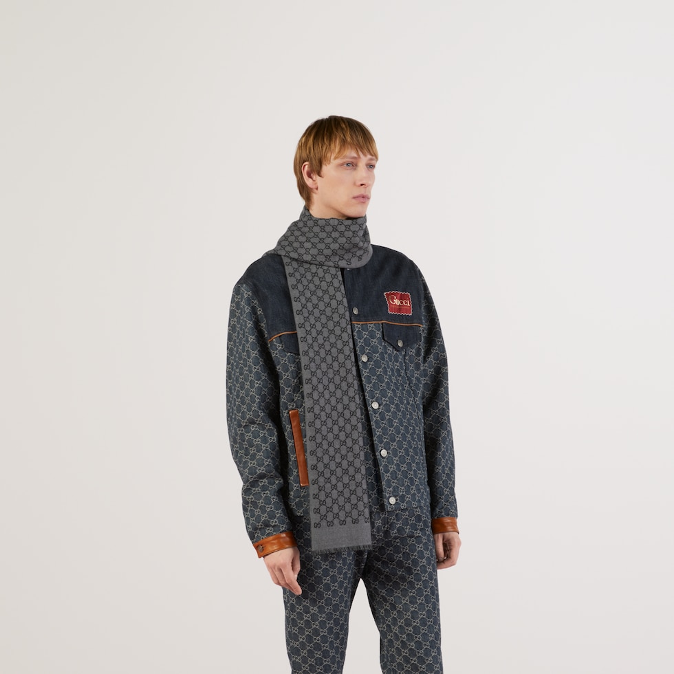 Double jacquard GG wool scarf in dark grey/black wool