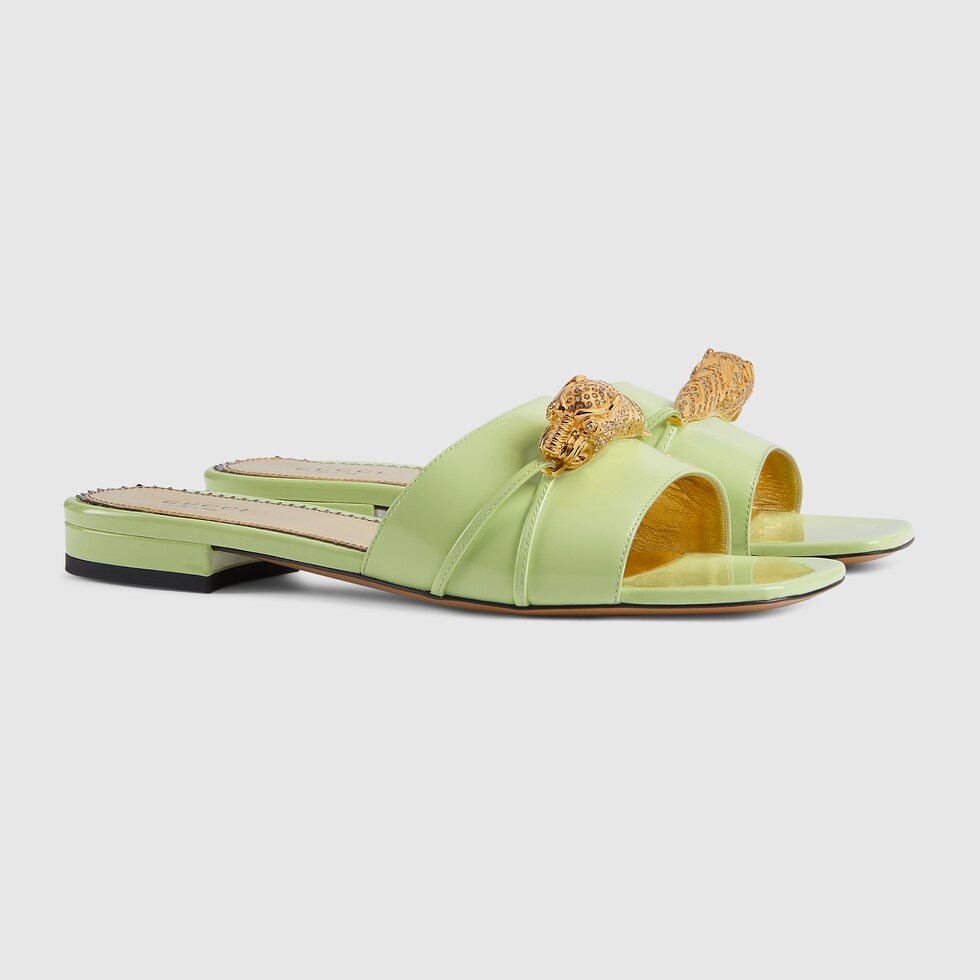 Women's slide sandal with hardware in light green leather GUCCI® UK