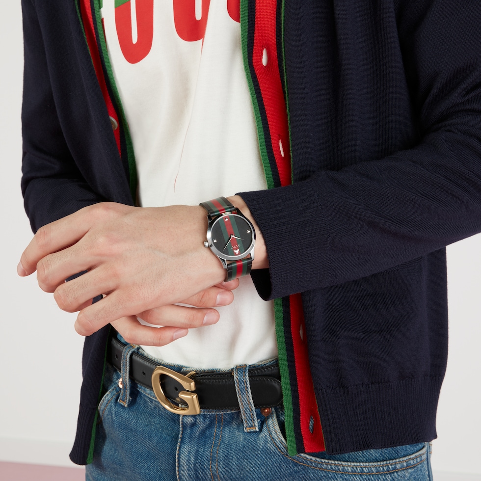 G-Timeless Uhr, 38 mm in Schwarzes Leder | GUCCI® DE
