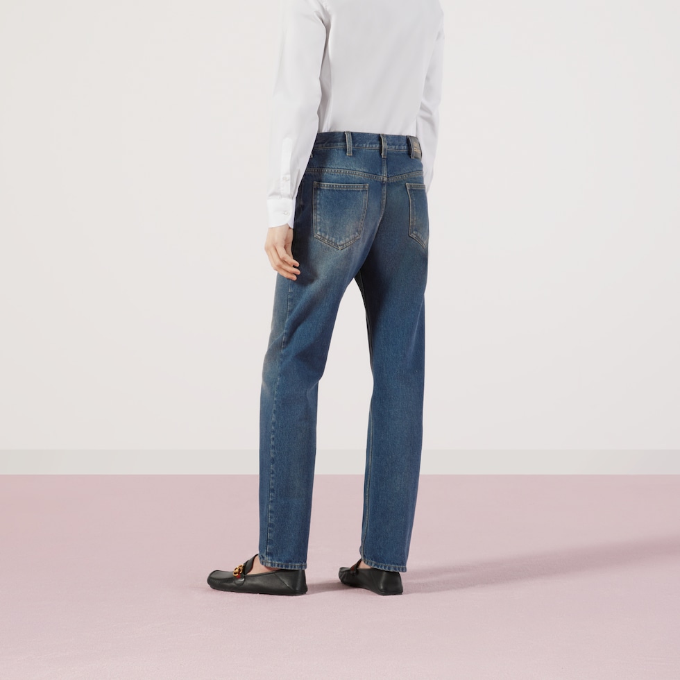 Regular fit washed jeans in blue | GUCCI® US