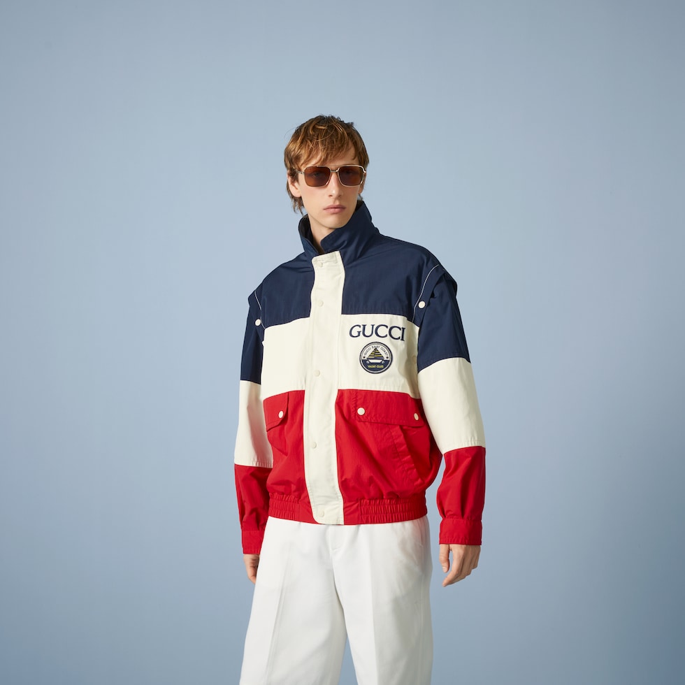 Cotton blend jacket in blue, ivory and red | GUCCI® SG Cotton blend jacket in blue, ivory and red | GUCCI® SG