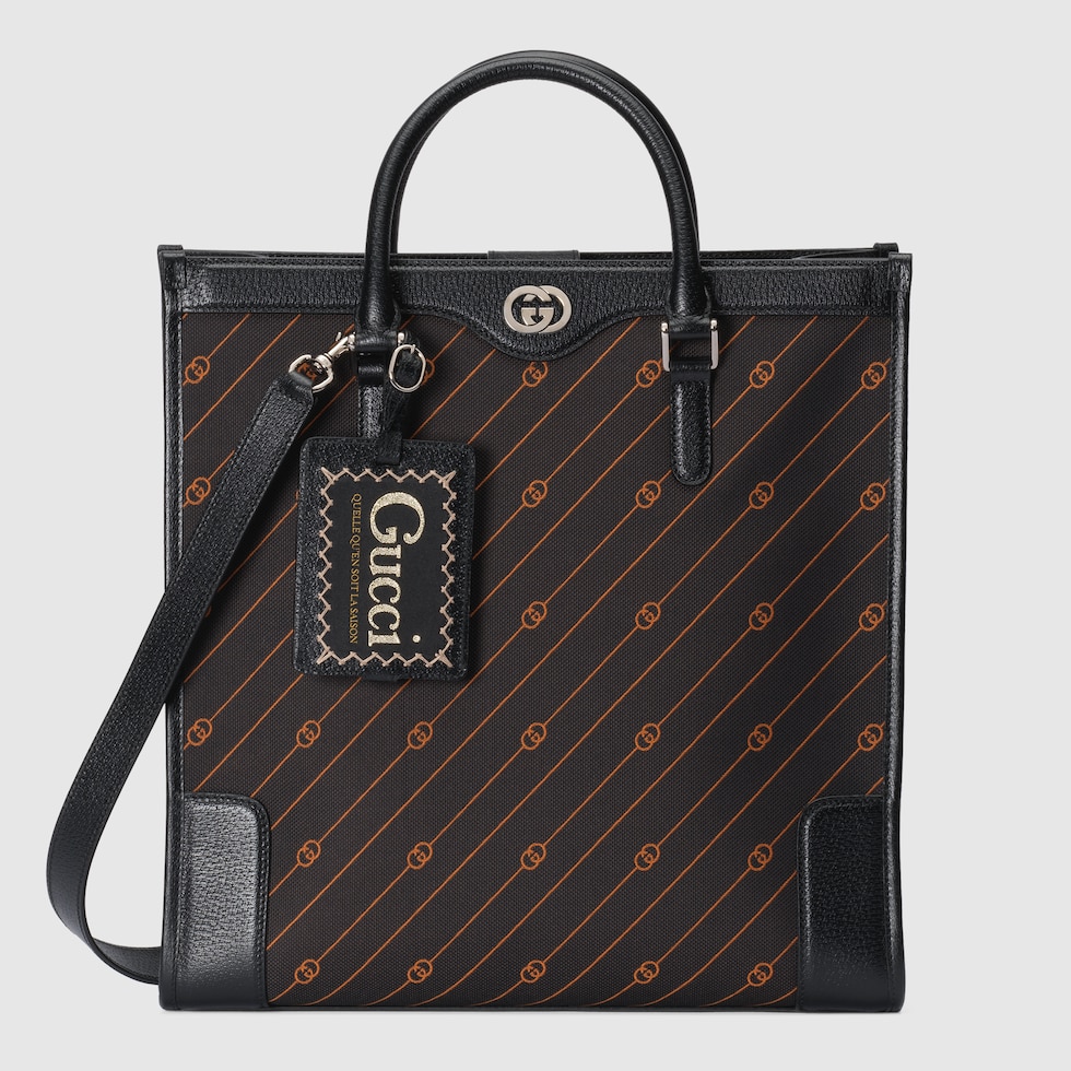 Interlocking medium jacquard tote in black and orange fabric