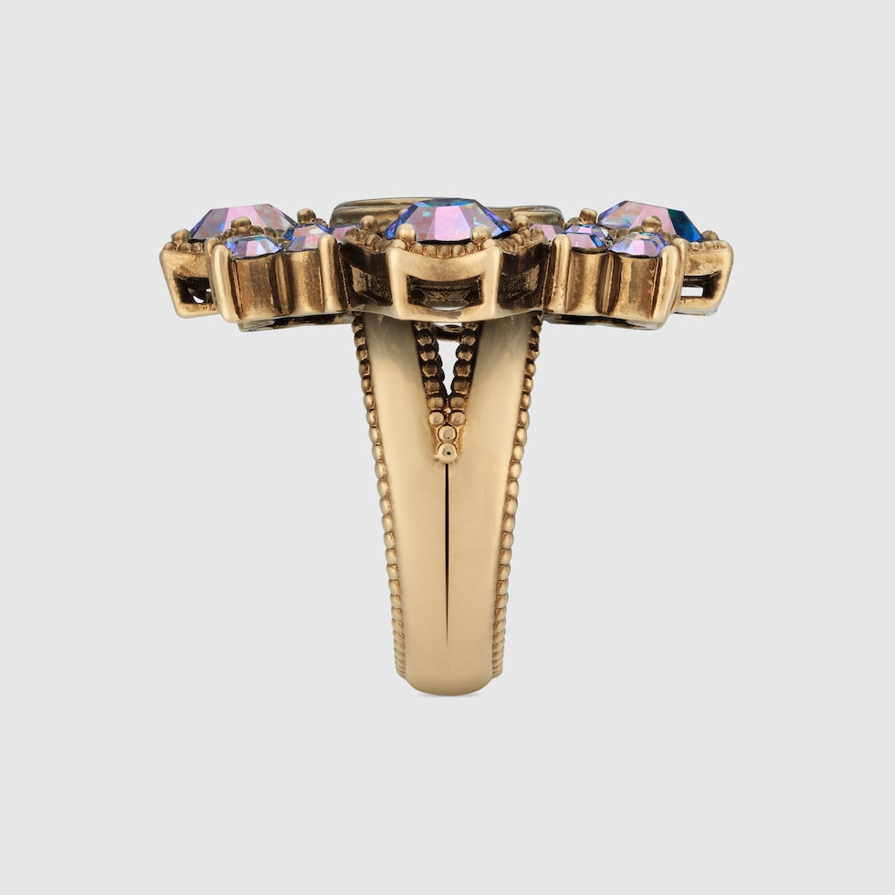 Double G crystal flower ring in antique gold-toned metal | GUCCI® US