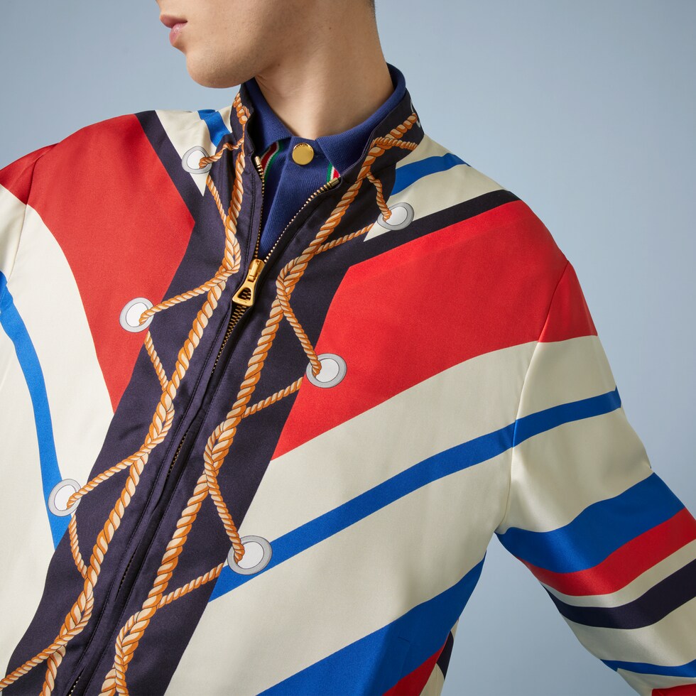 Chevron and rope print silk zip jacket in multicolour | GUCCI® UK
