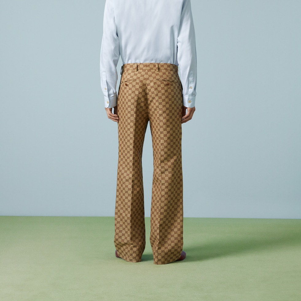 GG linen blend canvas pants in camel and ebony | GUCCI® US
