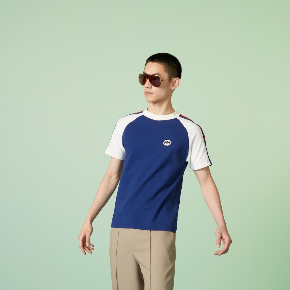 GUCCI ハート刺繍パッチ付きコットンジャージーTシャツ パッチ付き コットンジャージー Tシャツブルー＆ホワイト
