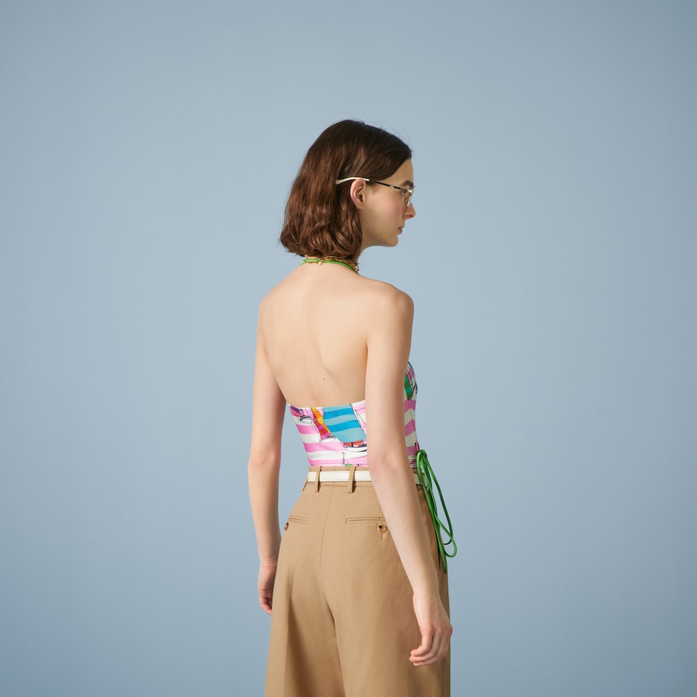 Gucci boat print sparkling jersey swimsuit in ivory and pink GUCCI® UK