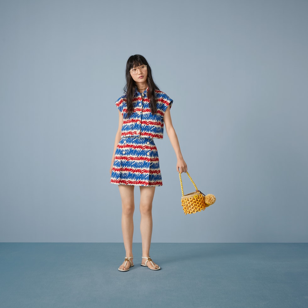 Printed cotton shirt in light blue and Gucci Rosso Ancora