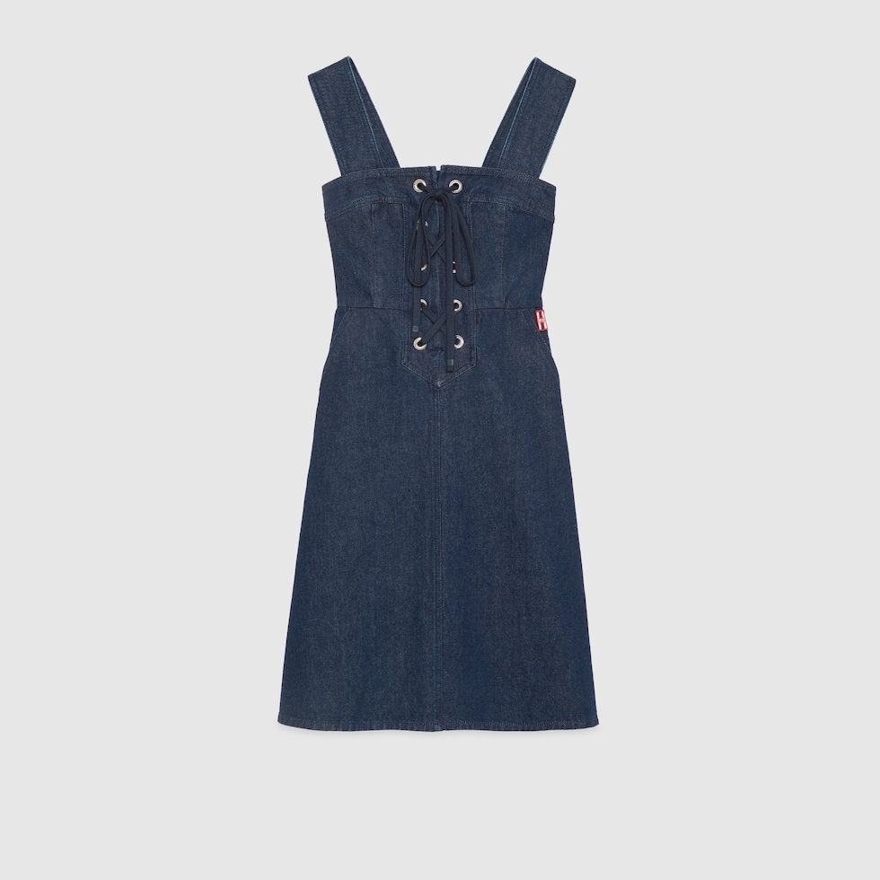 Denim dress with Interlocking G Web patch in dark blue | GUCCI® US