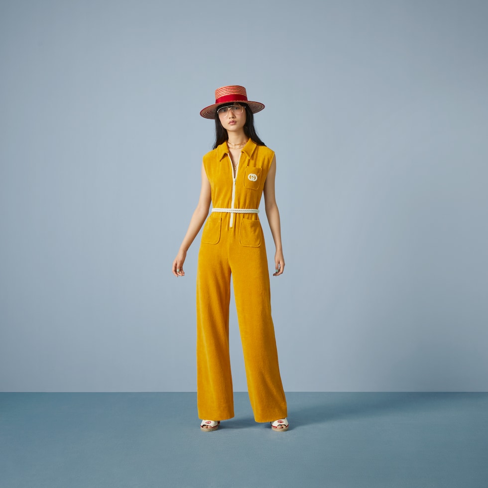 Cotton jersey jumpsuit with embroidery in dark yellow GUCCI® 香港