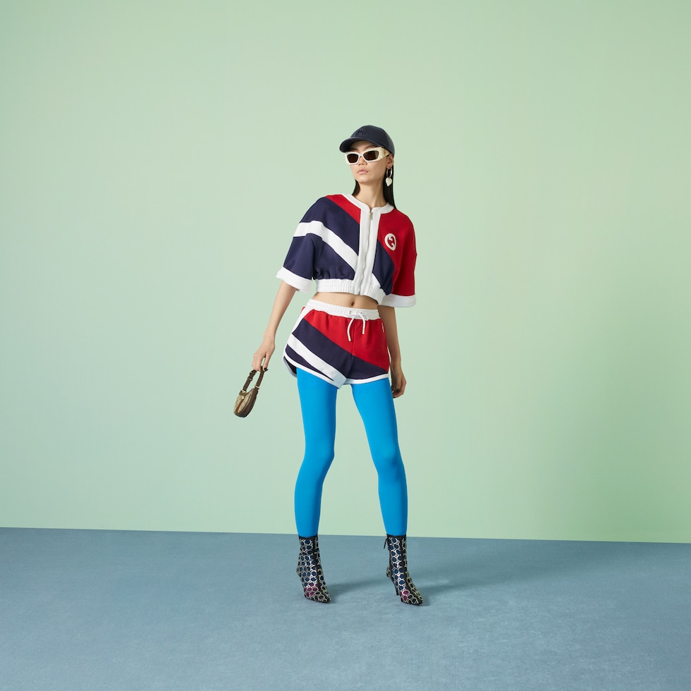 Cotton piquet short with Interlocking G in red, blue and