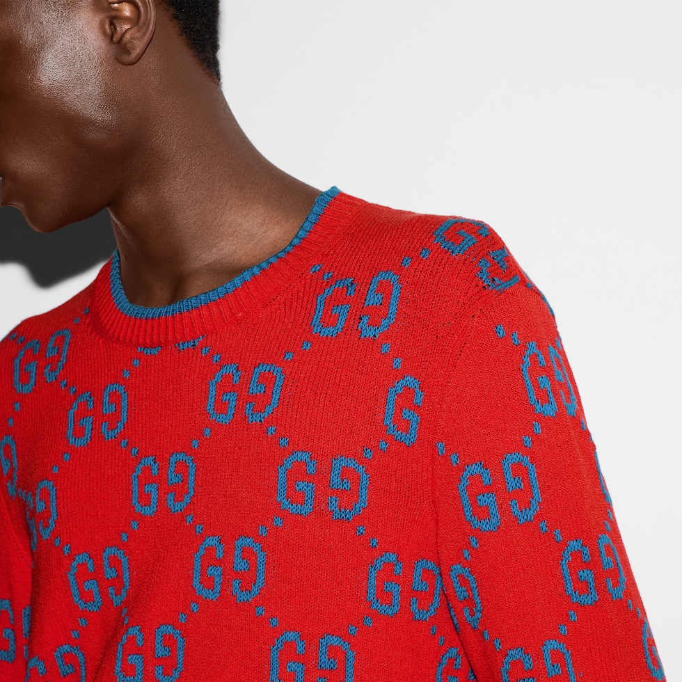 GG knit cotton jacquard sweater in red and blue | GUCCI® Canada