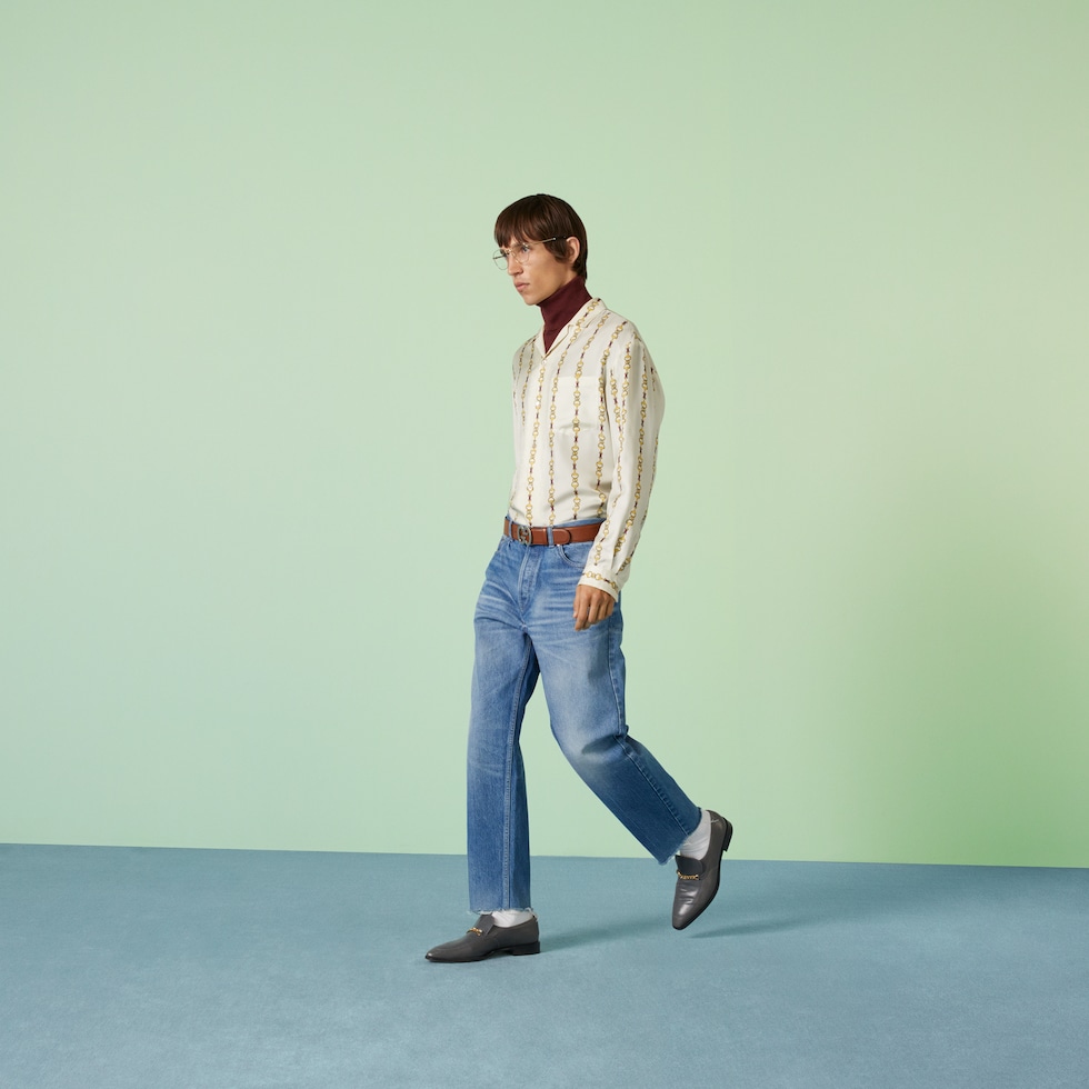 Washed organic denim trouser with patch in blue | GUCCI® SG