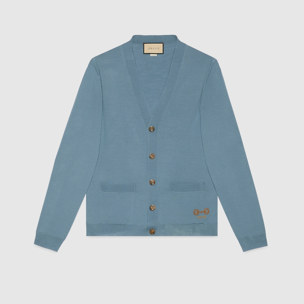 Wool knit cardigan in blue GUCCI GR
