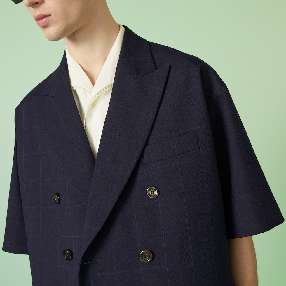 Double G check wool jacket in dark blue | GUCCI® LU