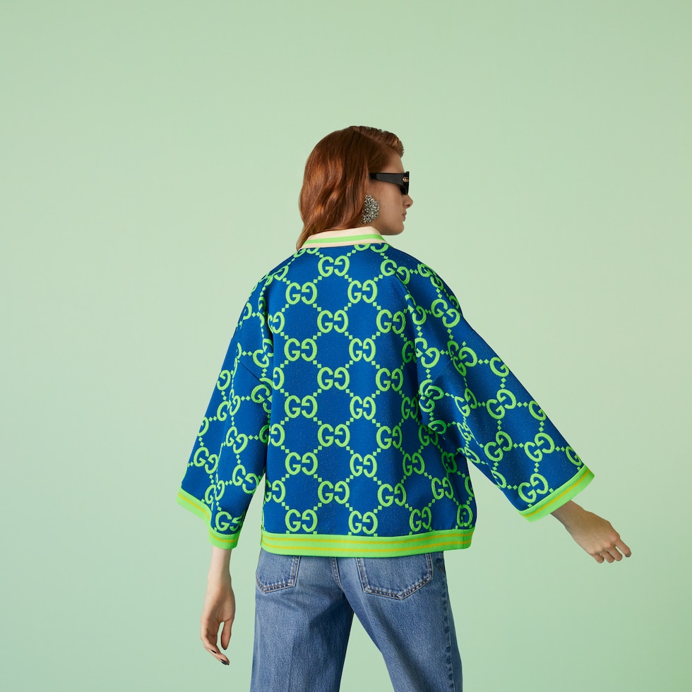 เสื้อโปโลเชิ้ต GG cotton jacquard cropped polo shirt inสีน้ำเงินและสี