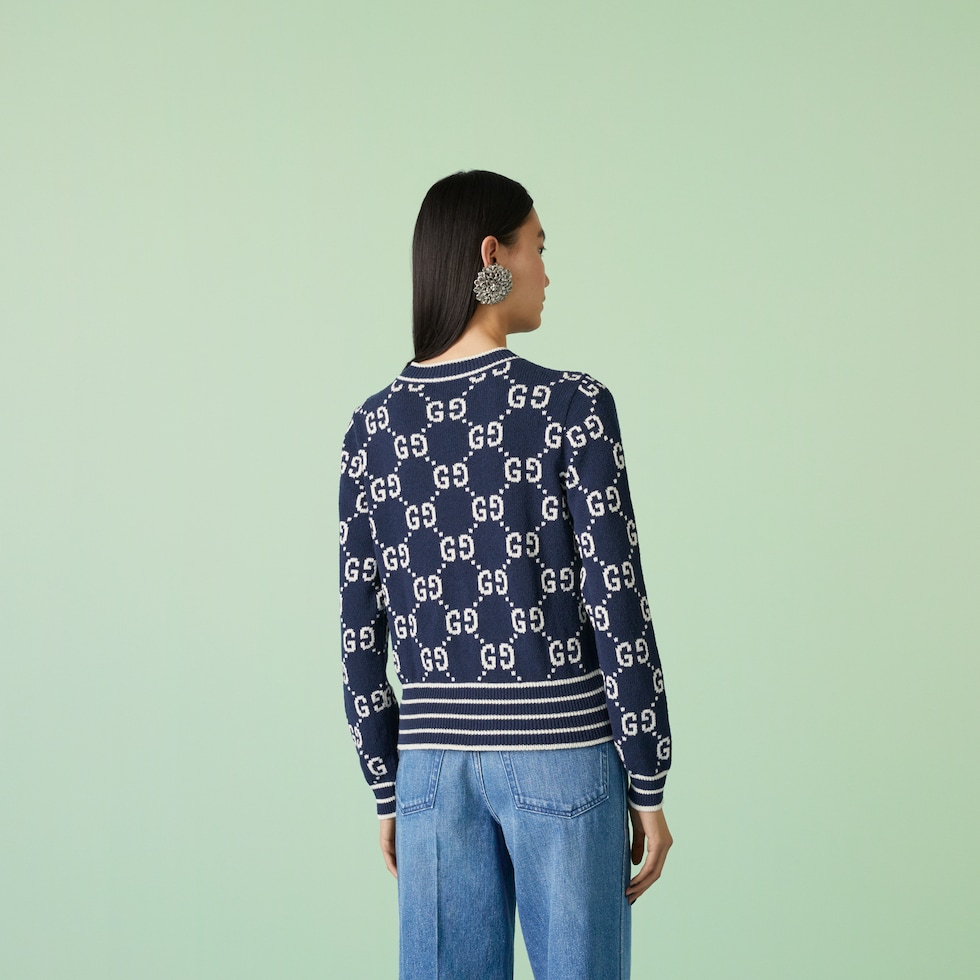 GG cotton jacquard cardigan in dark blue | GUCCI® US