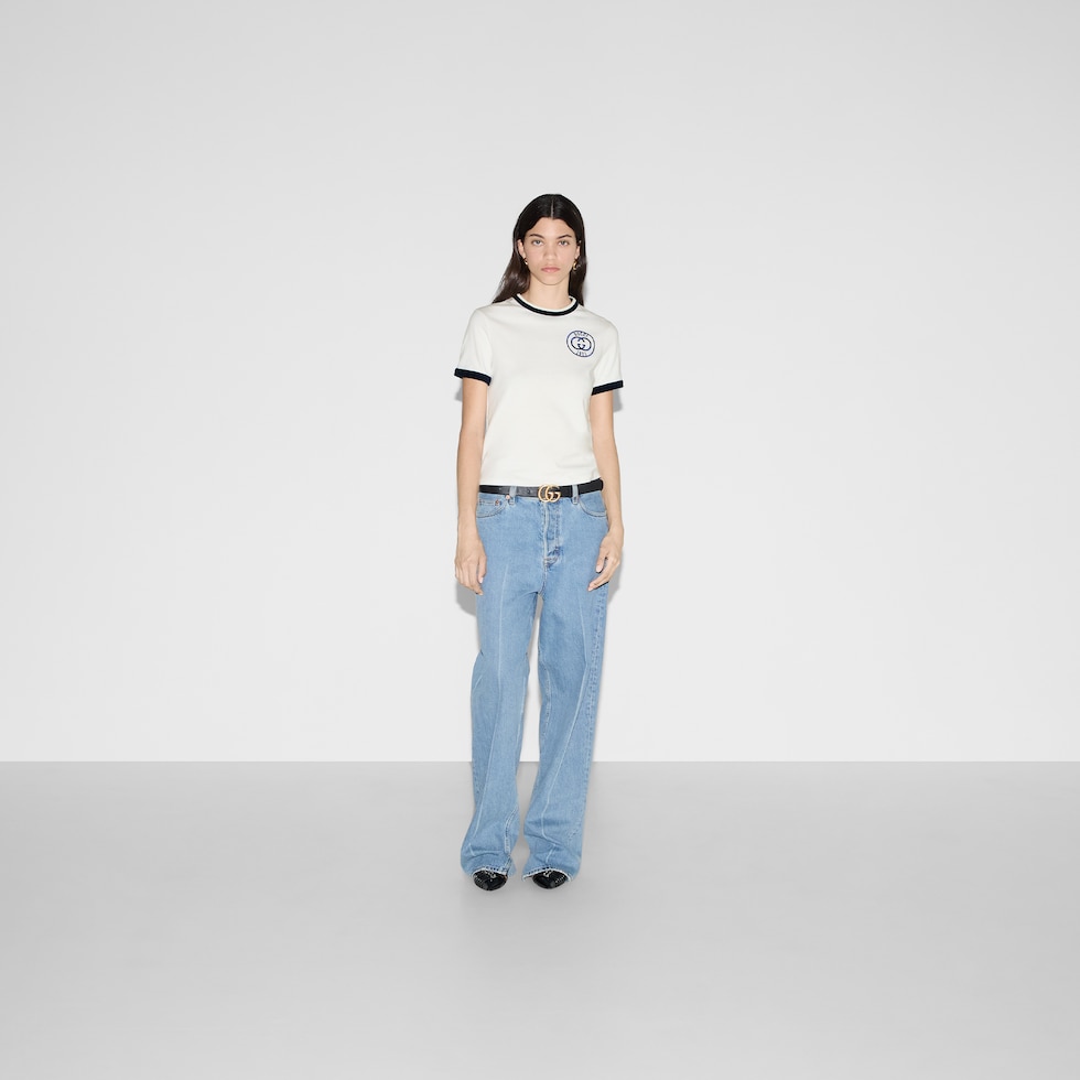 Cotton jersey T-shirt with Gucci embroidery in off white | GUCCI® UK