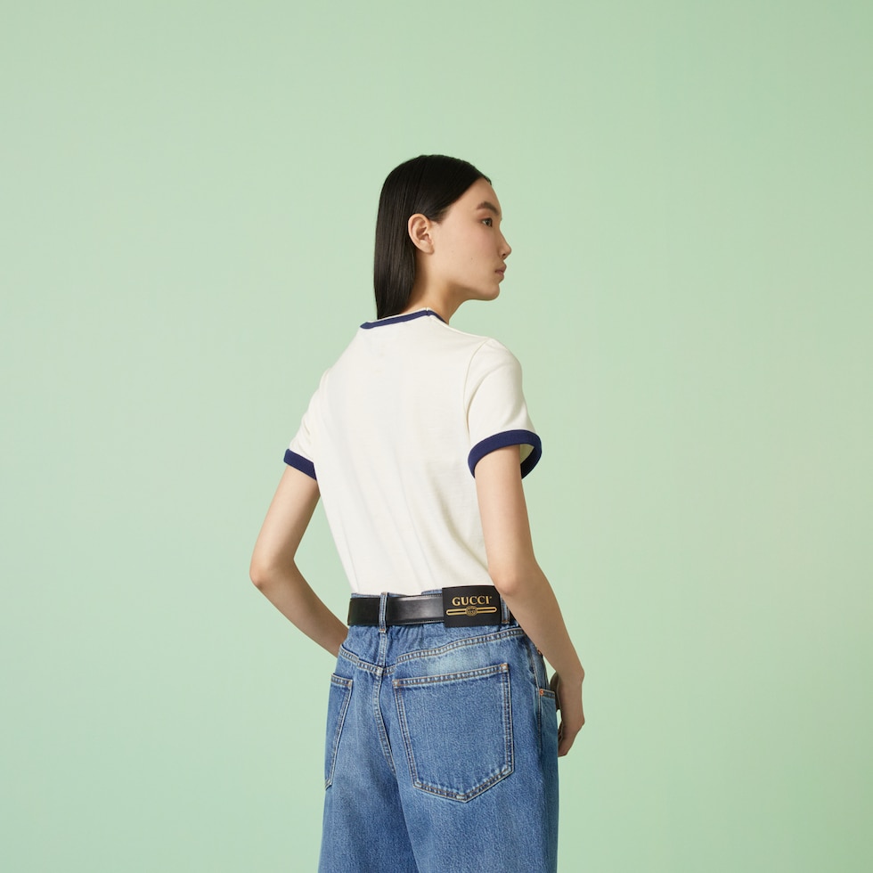 【GUCCI】Logo-Embroidered Striped Cotton-Jersey Shirt シャツ Embroidered striped cotton shirt in white and light blue