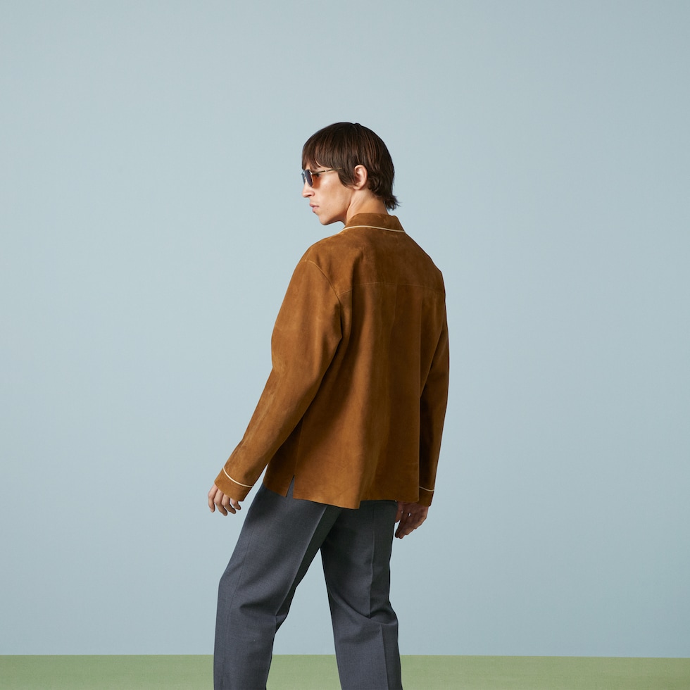 Suede shirt with embroidery in brown | GUCCI® PT