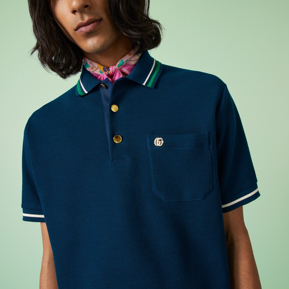 Wool cotton jersey polo shirt in dark blue | GUCCI® GR 