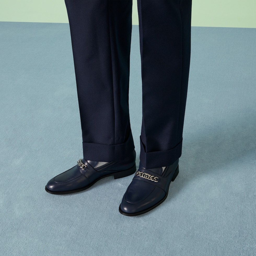 Men's loafer with Interlocking G in blue leather | GUCCI® SG