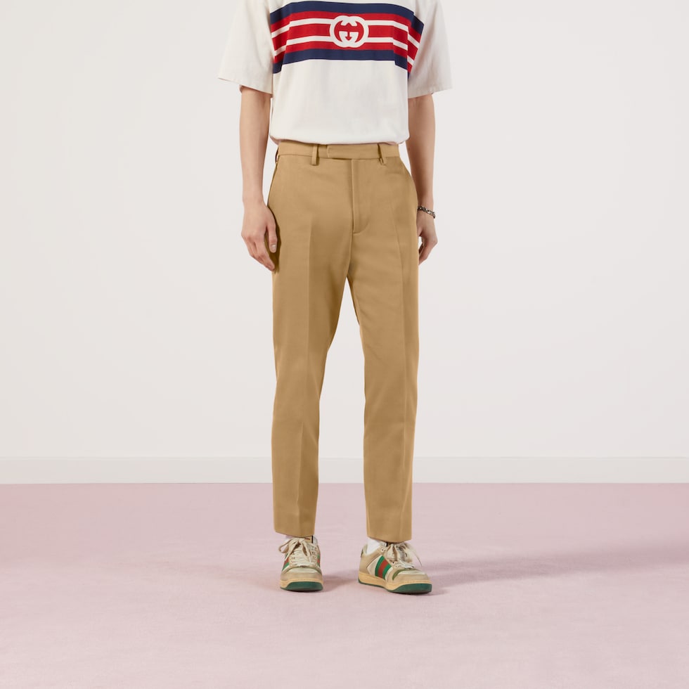 Cotton ankle pant with Web in light brown | GUCCI® US