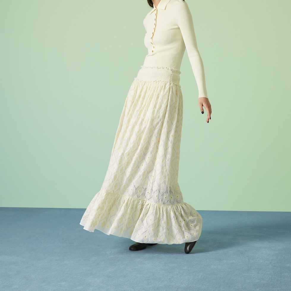Double G floral broderie anglaise skirt in ivory | GUCCI® SG