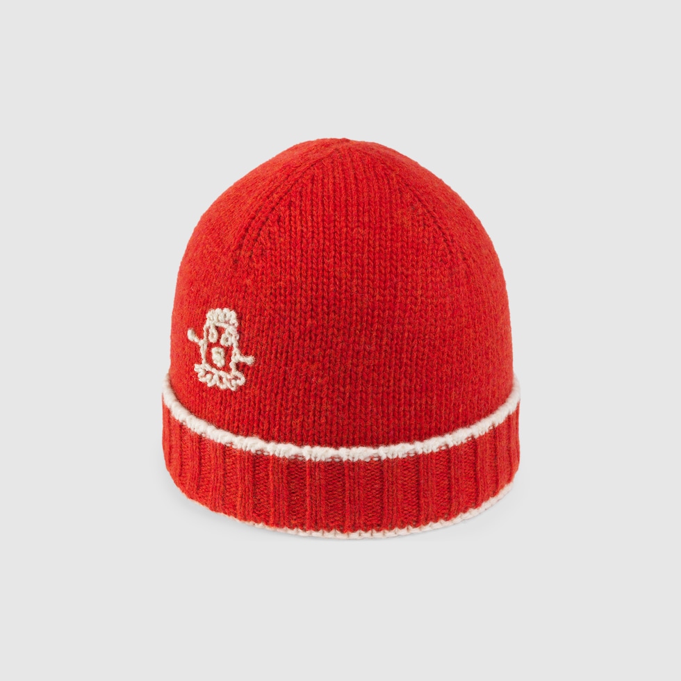 Baby wool hat with embroidery in red GUCCI® UK