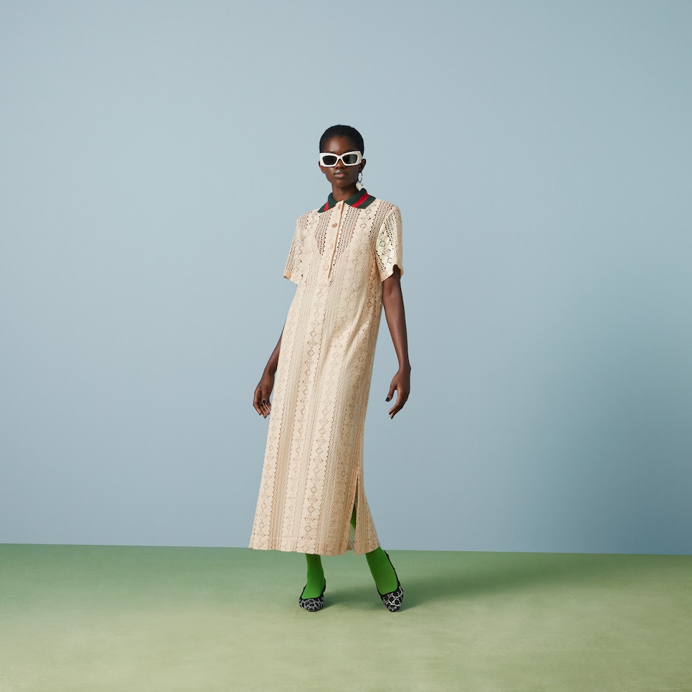 GG stripe lace polo dress in off white | GUCCI® SG GG stripe lace polo dress in off white | GUCCI® SG