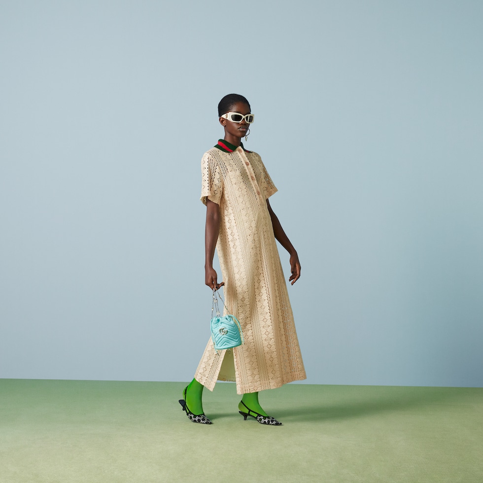 GG stripe lace polo dress in off white | GUCCI® SG