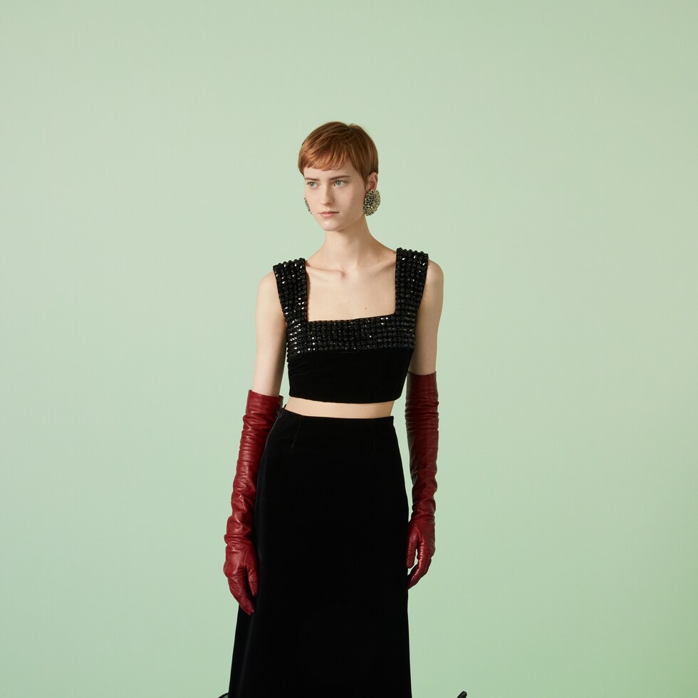 GUCCI 26S SHORT-SLEEVE VELVET TOP WITH RHINESTONES 180